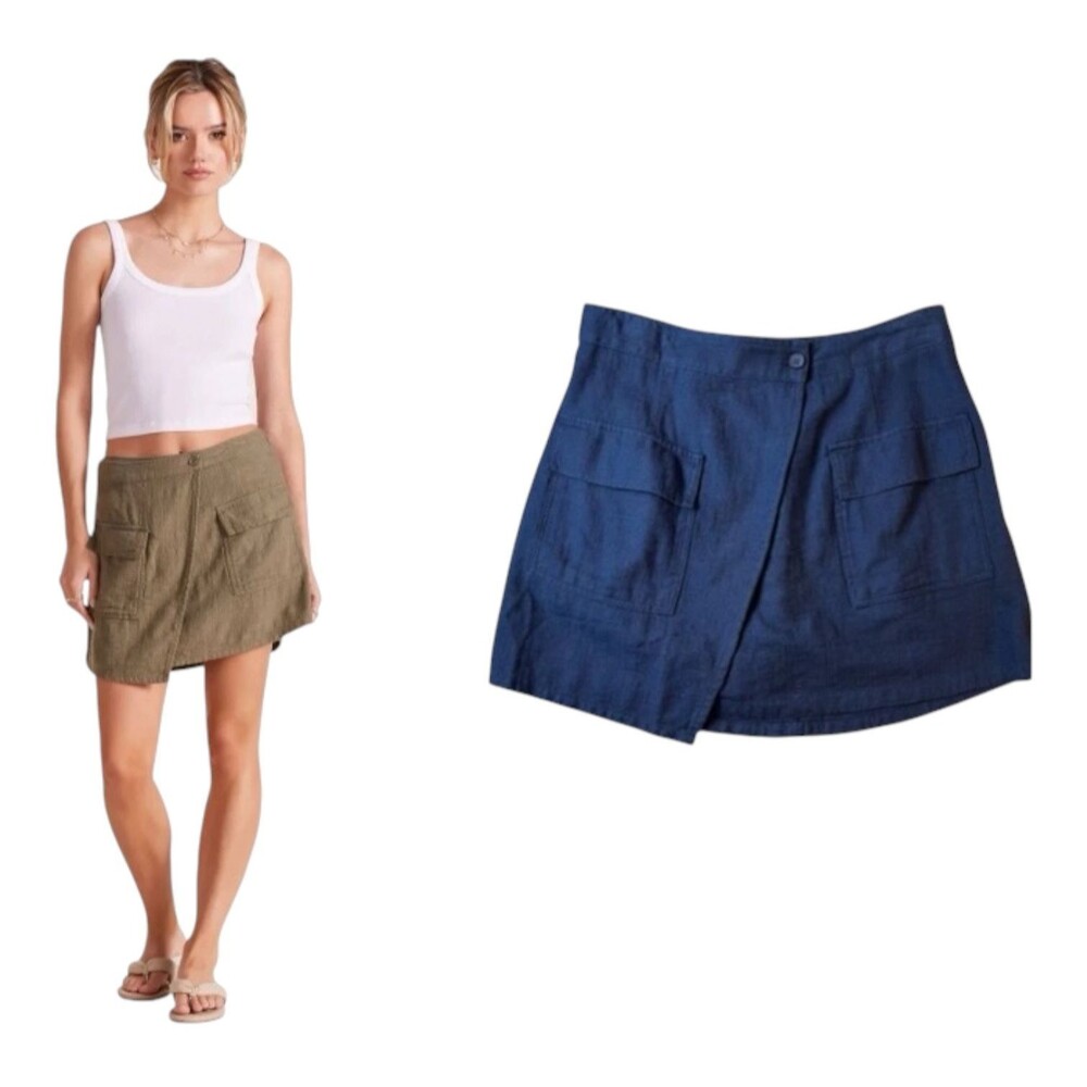 Bobi Los Angeles Blue Woven Slub Cotton Asymmetrical Wrap Skort  Size S